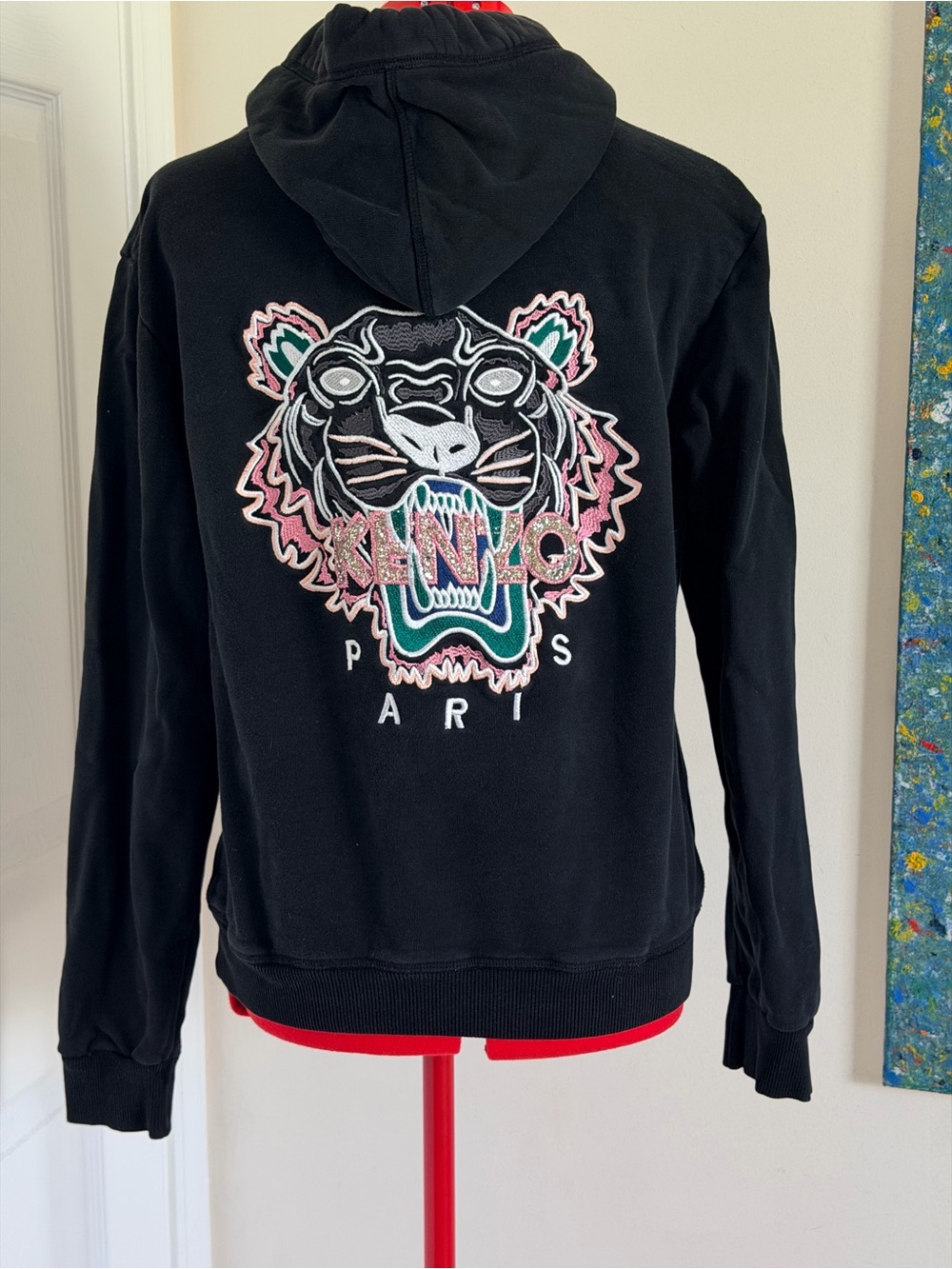 Kenzo Paris Tiger Hoodie Sequined Logo Pullover Black Cotton S Unisex Style